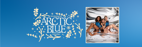 Gymnasts in Arctic Blue Collection leotard featuring winter-inspired colors of icy blue, white, and pink; designed for comfort, flexibility, and high performance on the mat, embodying Plum's 'No Chill, All Skill' spirit for gymnasts of all levels.