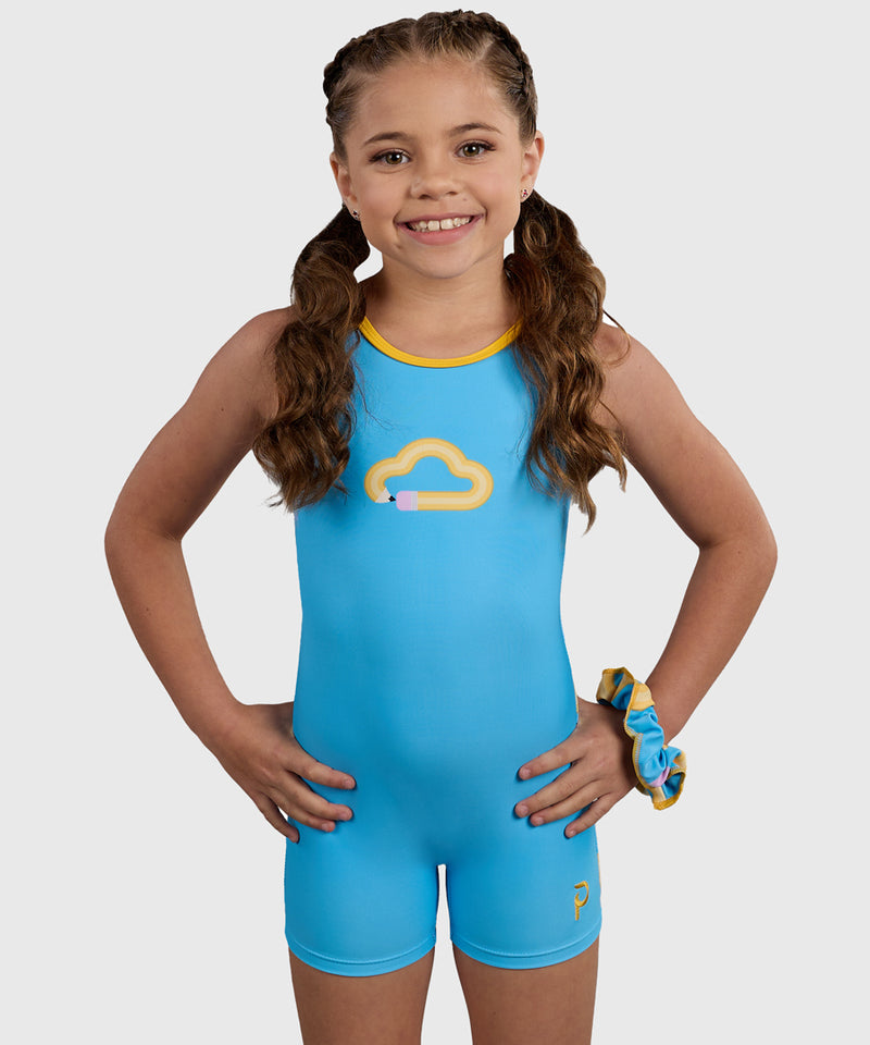 Gymnast wearing the Plum ABC Unitard, a sky-blue leotard with a fun pencil and cloud design, featuring a comfortable full-length fit.