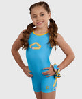 Gymnast wearing the Plum ABC Unitard, a sky-blue leotard with a fun pencil and cloud design, featuring a comfortable full-length fit.