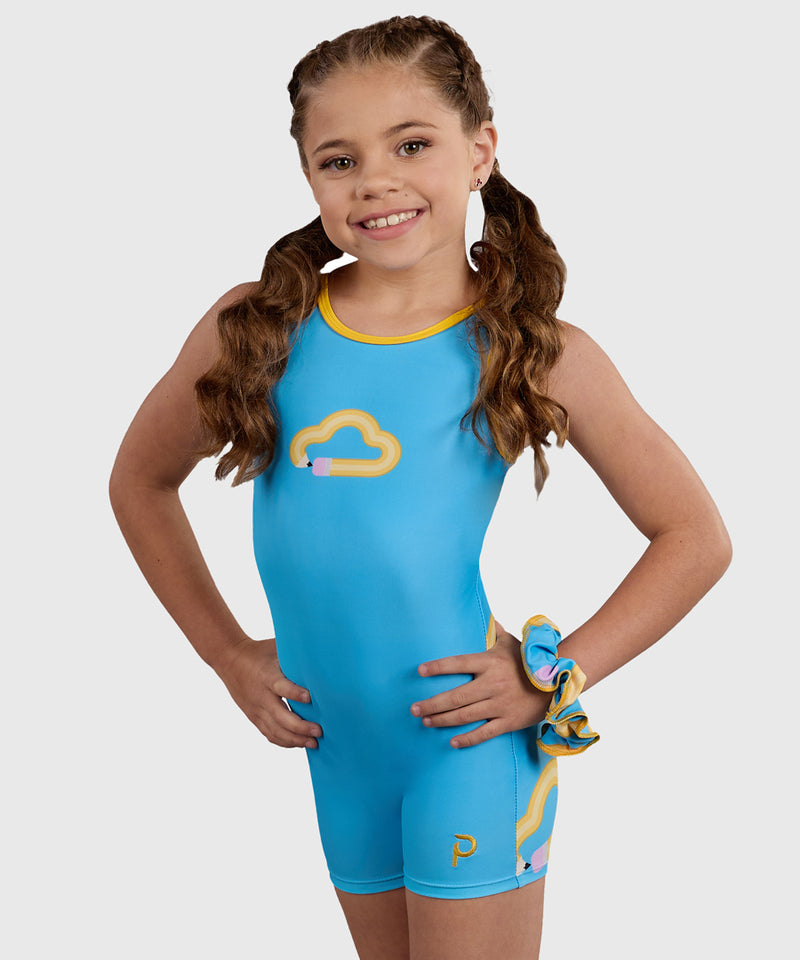 Gymnast wearing the Plum ABC Unitard, a sky-blue leotard with a fun pencil and cloud design, featuring a comfortable full-length fit.