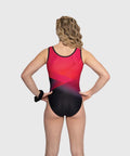 Back view of gymnast in All Star Prism geometric gymnastics leotard with red and black prism pattern 