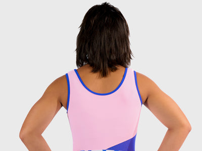 Plum Arctic Rose Leotard with soft pink hues and blue-and-white floral accents, featuring asymmetrical mesh design and smooth seams. Comes with a matching scrunchie. 