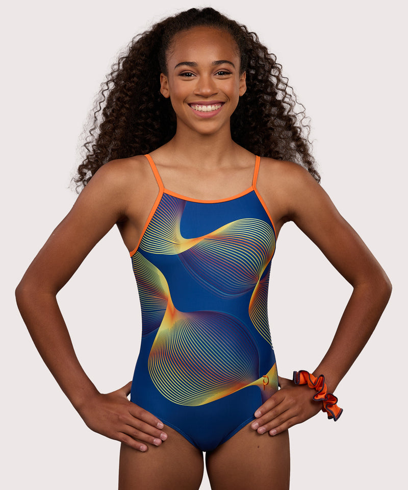 Plum Aura Spaghetti Strap Gymnastics Leotard in orange, yellow and blue. Girls Gymnastics Leotard with traditional tank design