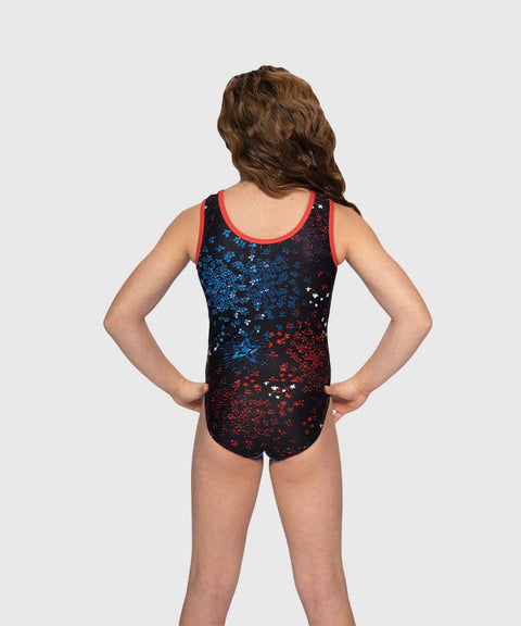 Back view of gymnast in Celestial Bloom black gymnastics leotard with red and blue floral burst pattern.