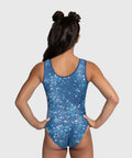 Person wearing a blue sequin-look leotard on a plain background