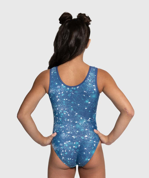Person wearing a blue sequin-look leotard on a plain background