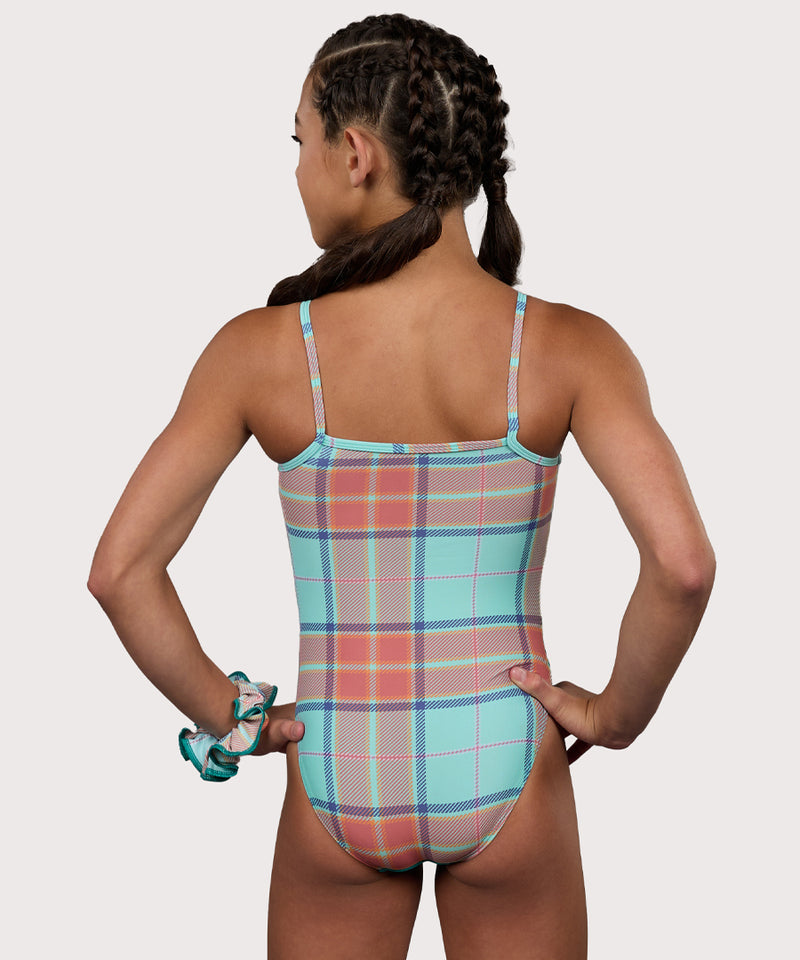 Plum Checkmate Spaghetti Strap Gymnastics Leotard for Girls in teal, orange, mint, and purple. Girls Gymnastics Leotard with plaid design.