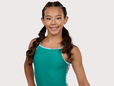 Plum Checkmate Spaghetti Strap Gymnastics Leotard for Girls in teal, orange, mint, and purple. Girls Gymnastics Leotard with plaid design.