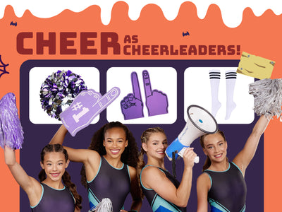 Plum Cheer Leotard turned into a cheerleader costume for Halloween, featuring bright colors and sleek design. Perfect gymnastics leotard for girls to wear for practice or festive cheerleading fun.