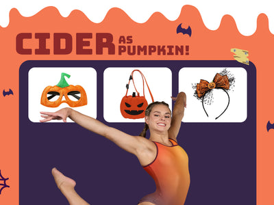 Plum Cider Leotard transformed into a pumpkin costume for Halloween, featuring warm autumn tones. Perfect gymnastics leotard for girls to wear for practice or Halloween fun.