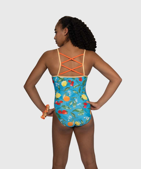 Back view of gymnast wearing Citrus Grove gymnastics practice leotard with criss-cross back straps.

