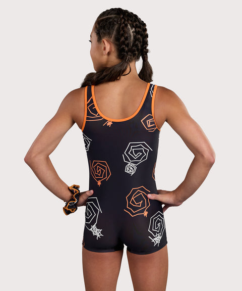 Plum Doodle Gymnastics Unitard for Girls in black, orange, and white. Girls Gymnastics Leotard with Halloween design.