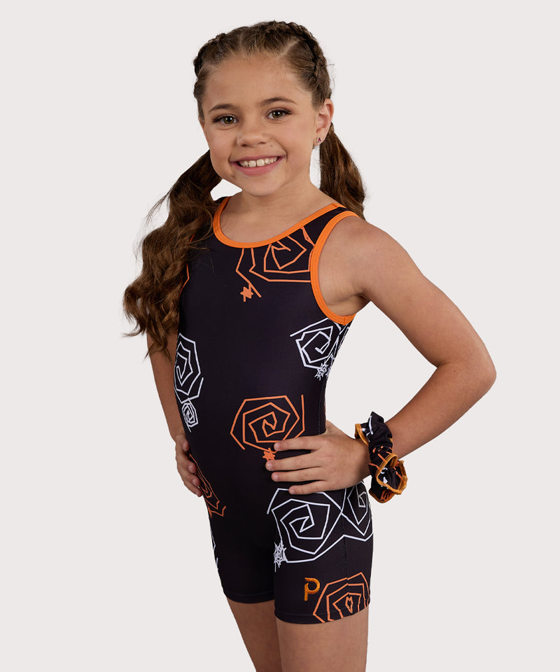 Plum Doodle Gymnastics Unitard for Girls in black, orange, and white. Girls Gymnastics Leotard with Halloween design.