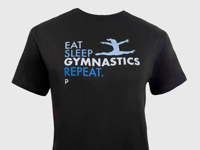 Eat. Sleep. Gymnastics. Repeat T-Shirt with bold lettering, made from soft, durable fabric for energetic gymnasts.