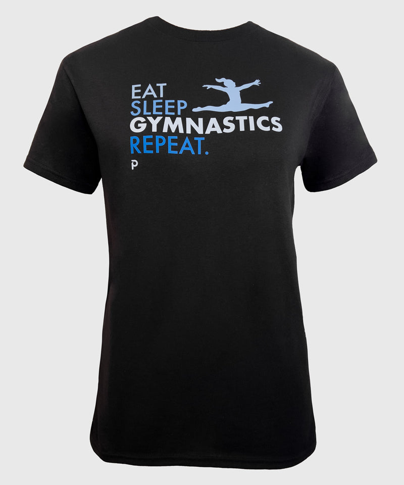 Eat. Sleep. Gymnastics. Repeat T-Shirt with bold lettering, made from soft, durable fabric for energetic gymnasts.