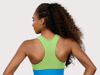 Plum Electric Athletic Mesh Racerback Gymnastics Leotard for Girls in blue, and neon green. Girls Gymnastics Leotard with sporty design.