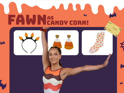 Plum Fawn Leotard transformed into a Candy Corn costume, perfect for gymnastics practice or Halloween parties. Stylish and durable leotard for girls and women with autumn colors.