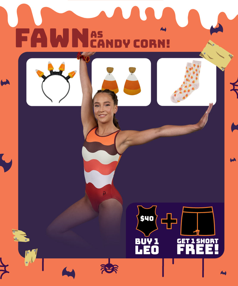 Plum Fawn Leotard transformed into a Candy Corn costume, perfect for gymnastics practice or Halloween parties. Stylish and durable leotard for girls and women with autumn colors.