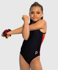 Girls gymnastics leotard with sleek black front and fiery orange-to-yellow ombré back. Flip Side design.