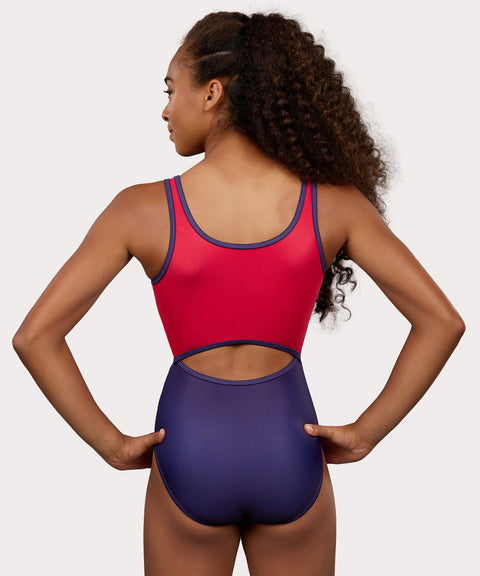 Plum Ivy Keyhole Gymnastics Leotard for Girls in red, white, and blue. Girls Gymnastics Leotard with stripe design.
