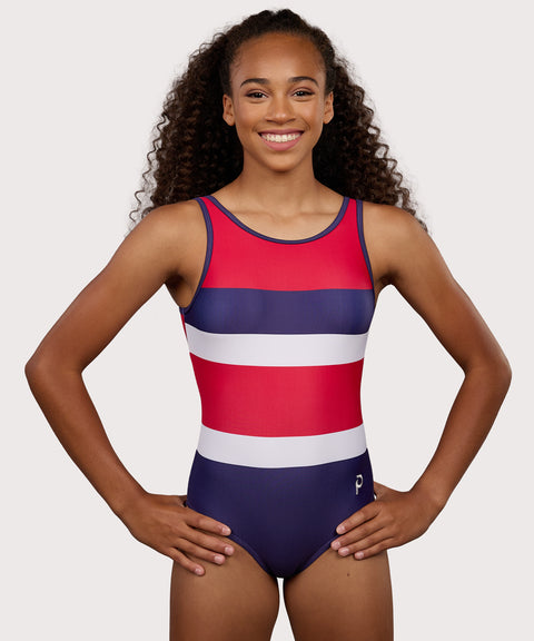 Plum Ivy Keyhole Gymnastics Leotard for Girls in red, white, and blue. Girls Gymnastics Leotard with stripe design.