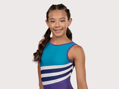 Plum Jubilee Traditional Gymnastics Leotard for Girls in purple, teal, white, and navy. Girls Gymnastics Leotard with swirl design.