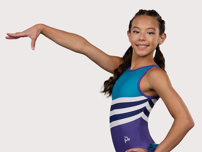 Plum Jubilee Traditional Gymnastics Leotard for Girls in purple, teal, white, and navy. Girls Gymnastics Leotard with swirl design.