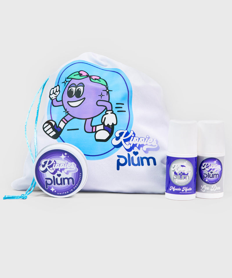 Kippies Kare Sugar Plum bundle with Muscle Hustle, Leo Deo, No Rippies Hand Balm, and Sugar Plum Grip Bag, perfect for gymnasts’ self-care.