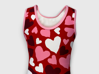 Back of Forever Yours leotard with cascading heart design and pink lower band