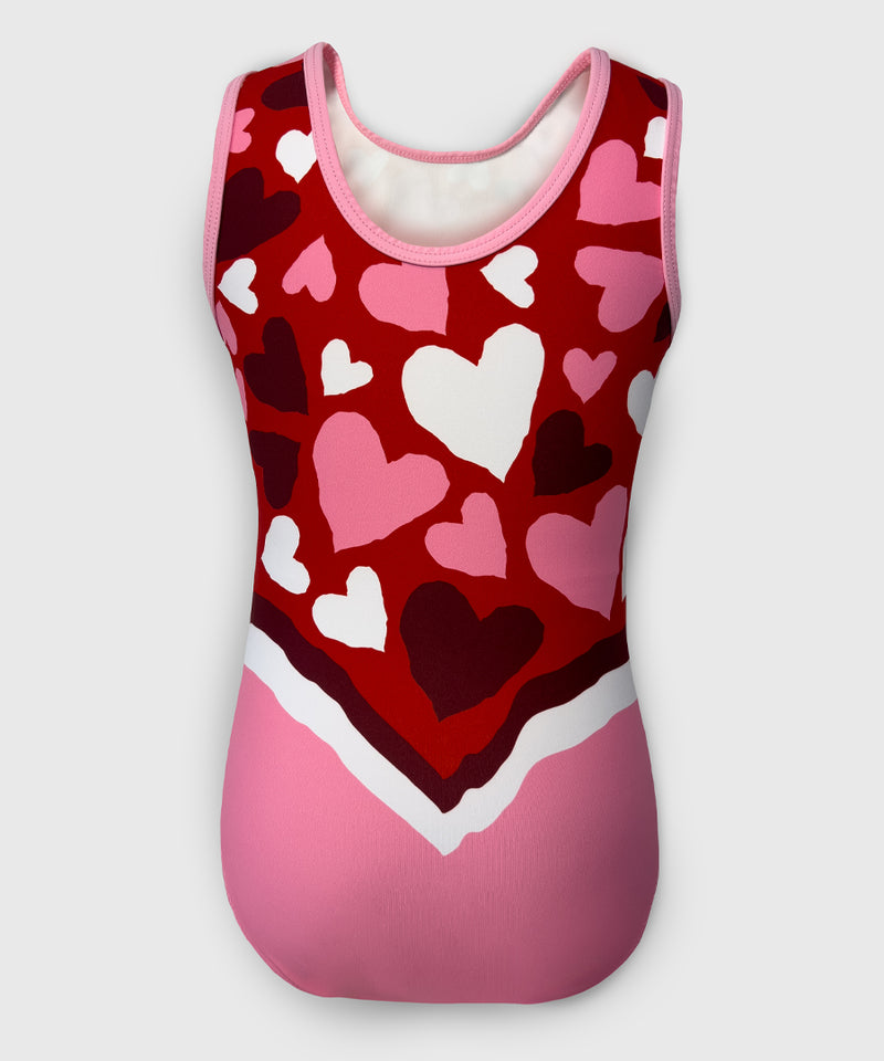 Back of Forever Yours leotard with cascading heart design and pink lower band