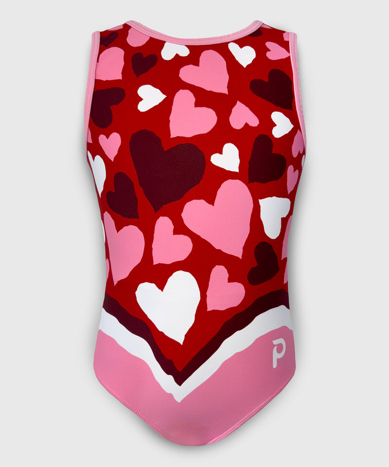 Front of Forever Yours leotard featuring a bold red base, pink and white hearts, and a stylish v-waistband.