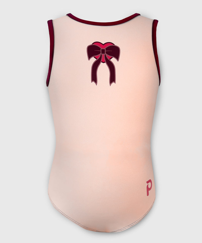 Front of Bow-tiful Valentine leotard with pink and maroon bow and heart pattern for a fun Valentine look.