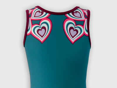 Front of Sweetheart Chic leotard with teal base and colorful heart details, perfect for gymnasts who love Valentine’s Day.