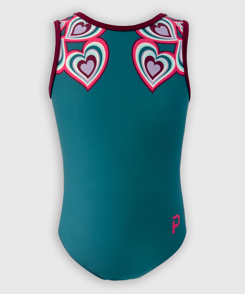 Front of Sweetheart Chic leotard with teal base and colorful heart details, perfect for gymnasts who love Valentine’s Day.