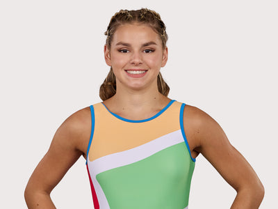 Plum Mod Traditional Gymnastics Leotard for Girls in green, white, red, yellow, and blue. Girls Gymnastics Leotard with multi-color design.