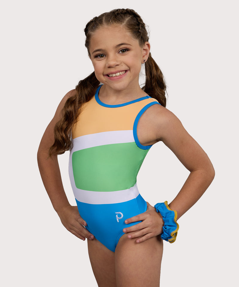 Plum Mod Traditional Gymnastics Leotard for Girls in green, white, red, yellow, and blue. Girls Gymnastics Leotard with multi-color design.