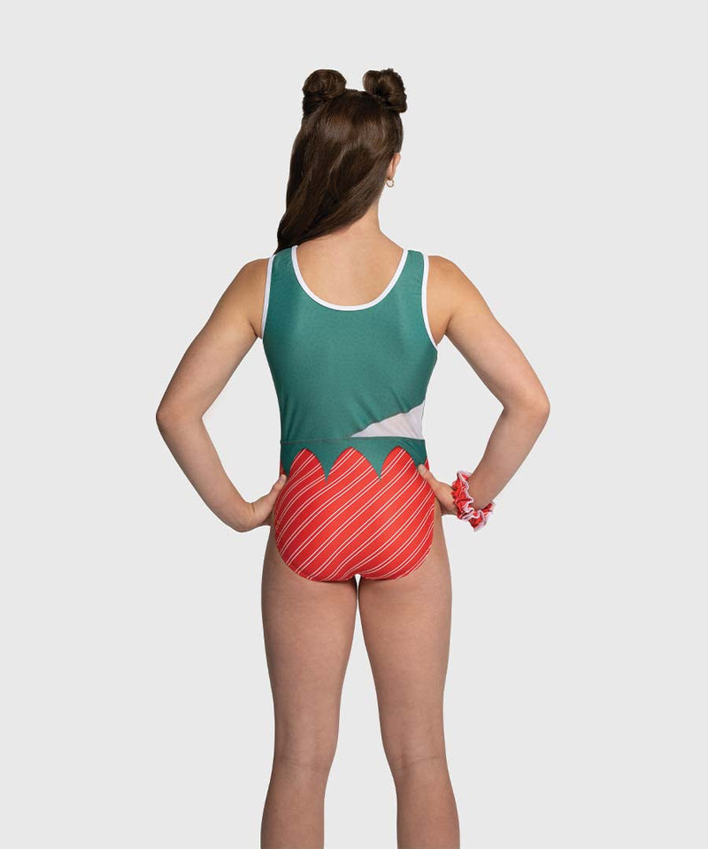 Back of holiday leotard with red and white stripes, sheer mesh detailing, and racerback design.