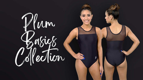 Two models wearing black swimsuits with 'Plum Basics Collection' text on a dark background