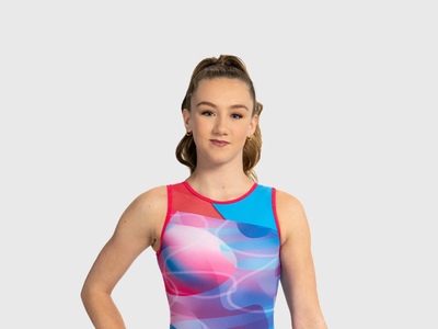 Girls pink, blue and purple swirl gymnastics leotard with diagonal mesh cutout. Lightweight and airy style.