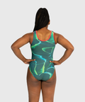 Girls leotard with matte teal front and hues of sea-green back. Flip Side silhouette for gymnasts.
