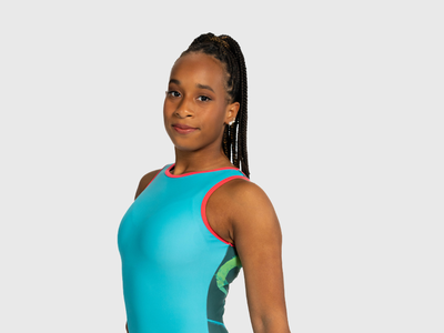 Girls leotard with matte teal front and hues of sea-green back. Flip Side silhouette for gymnasts.