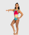 Girls coral shimmer leotard with criss-cross straps. Bold and radiant gymnastics tank.