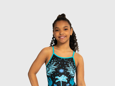 Floral gymnastics leotard for girls with teal strappy criss-cross back. Soft and bold design.