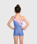 Plum Flux blue, pink and white gymnastics unitard on a young gymnast, back view