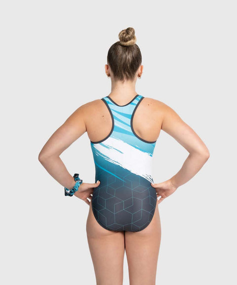 Back view of the Plum Hex Mode racerback leotard with white brushstrokes and a dark hexagon grid