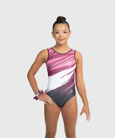 Gymnast wearing the Plum Hyper Drive pink, white, and charcoal traditional tank gymnastics leotard, front view