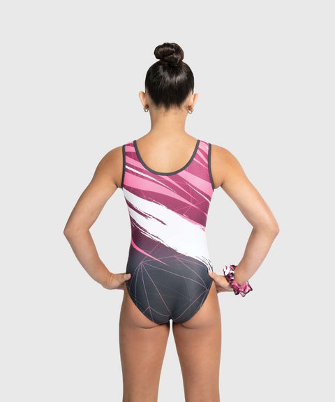 Back view of the Plum Hyper Drive tank leotard with pink lines, white brushstrokes, and charcoal details