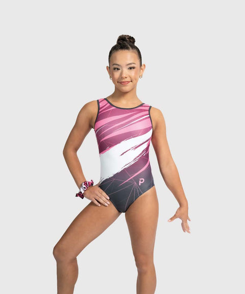 Gymnast posing in the Plum Hyper Drive pink, white, and charcoal tank gymnastics leotard