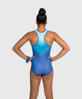 Back view of the Cyber Pulse practice leotard by Plum, showing seam detail.