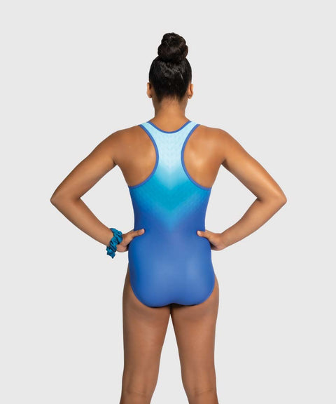 Back view of the Cyber Pulse practice leotard by Plum, showing seam detail.